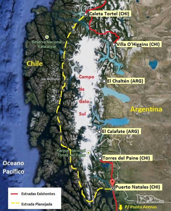 Plano futuro (2040) para a Carretera Austral, contornando o Campo de Gelo Sul pelo oeste e chegando à Puerto Natales e Punta Arenas. Para atravessar o labirinto de fiordes, seriam necessários 9 trechos de balsa